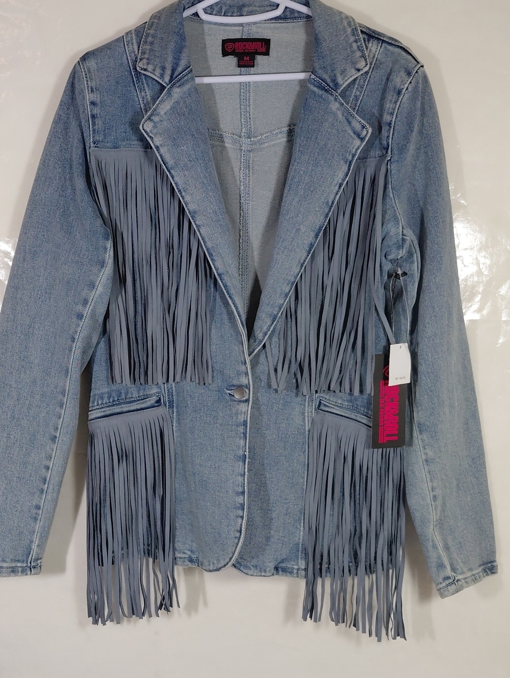 Rock & Roll Denim Fringe Blazer Jacket - Light Blue Medium NWT